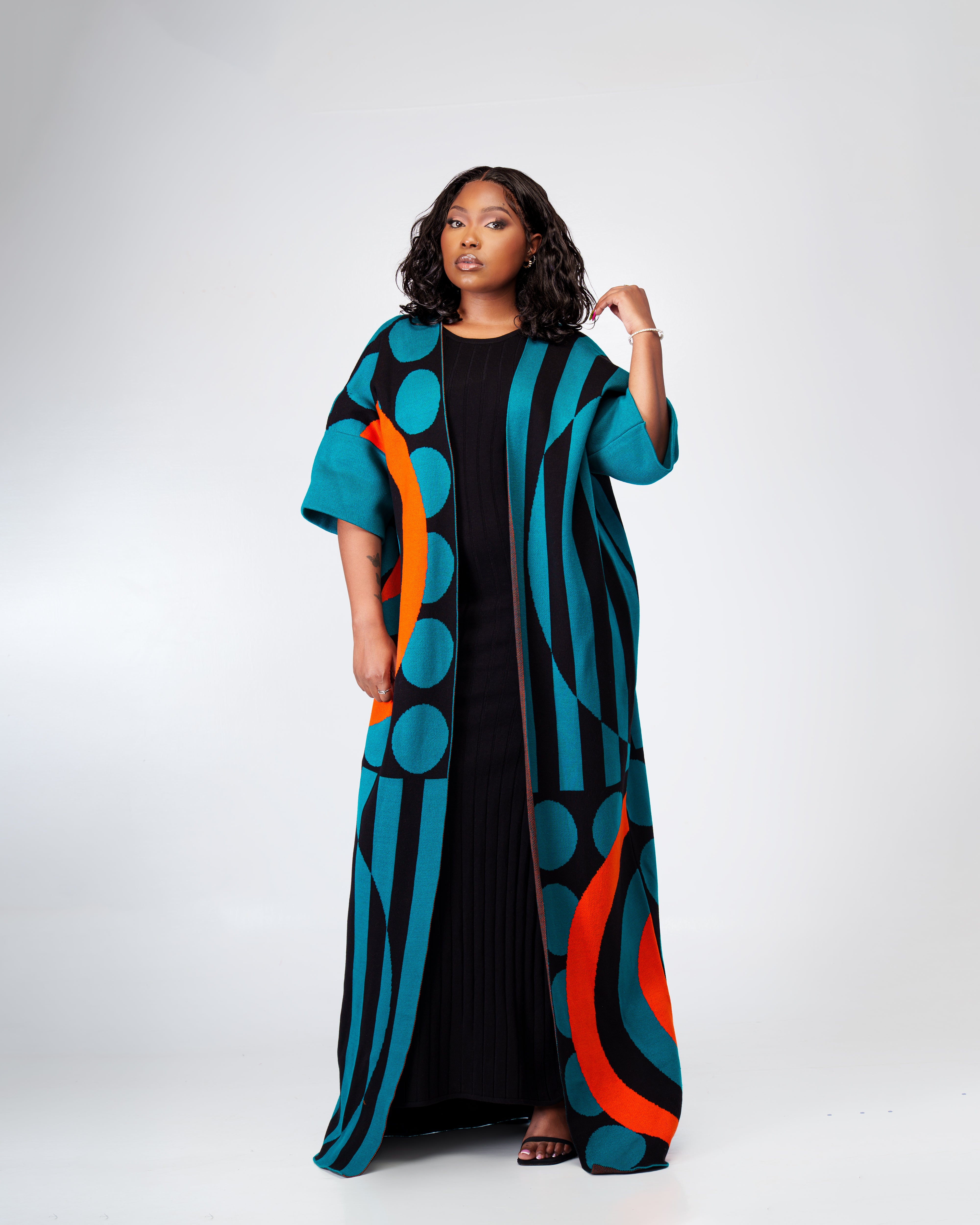 Zuri Block kimono-teal black tangerine