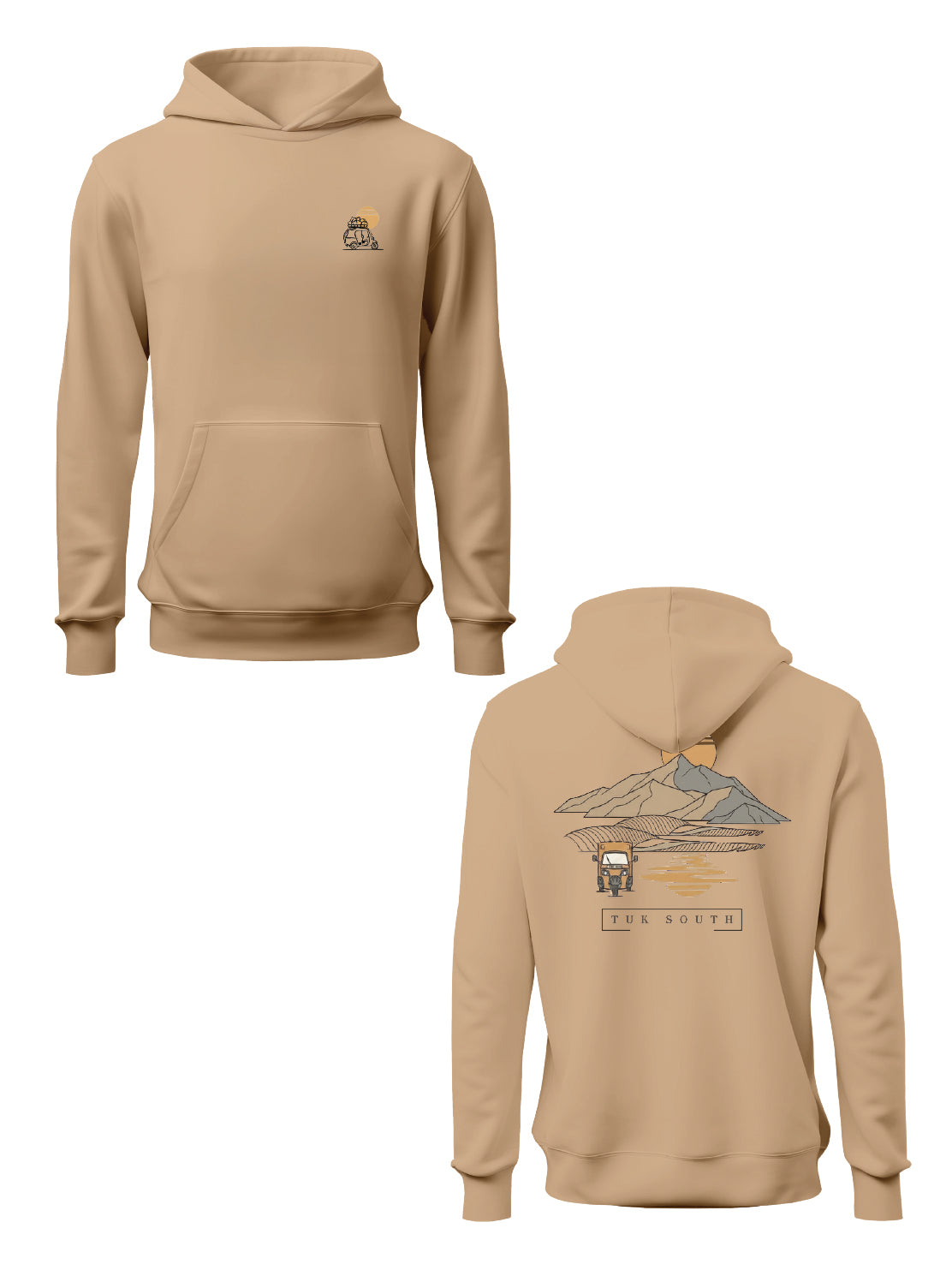 Kali Graphic Hoodies: Beige with Mountains and Mirages