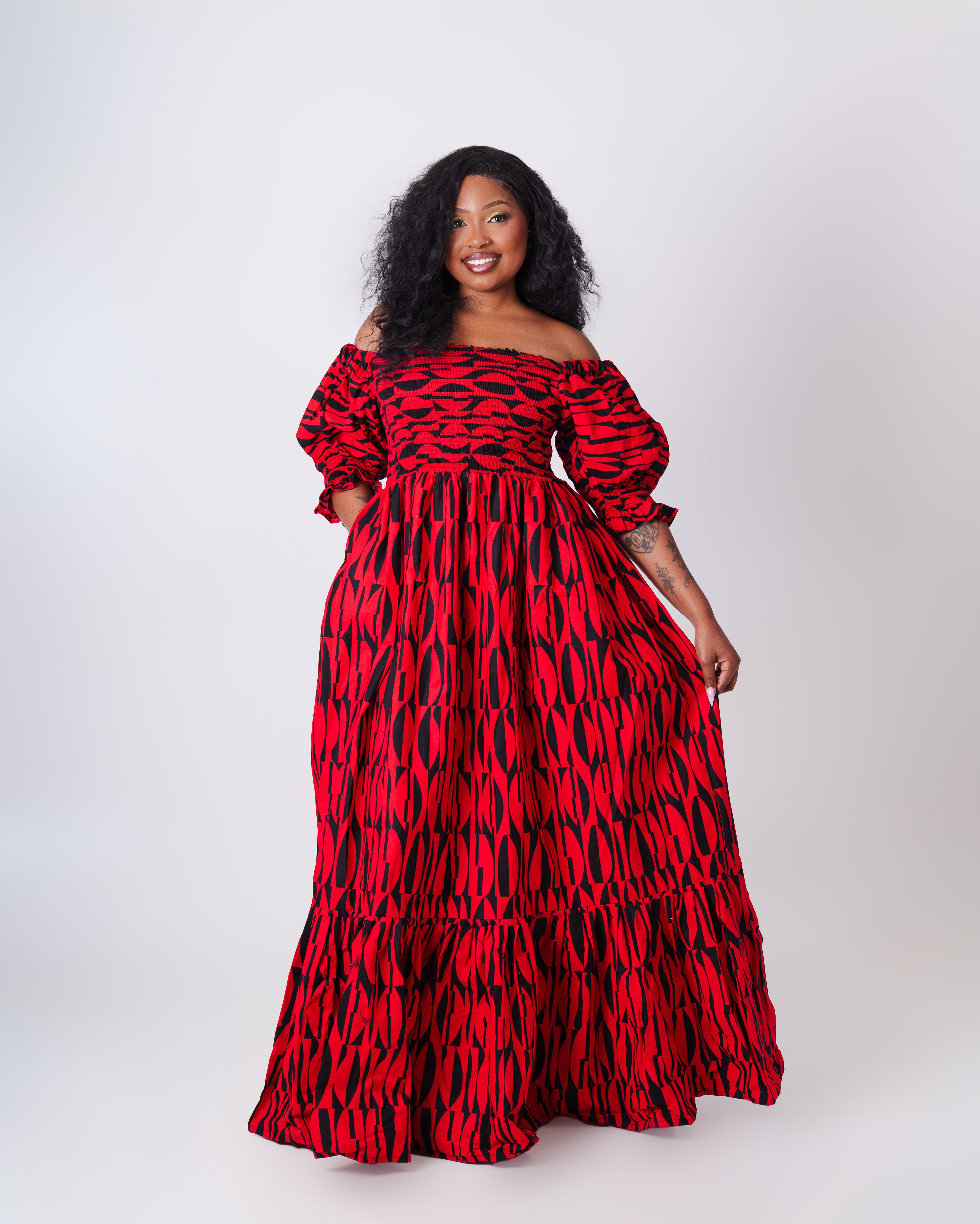 Off-Shoulder Maxi dress-Red/Black