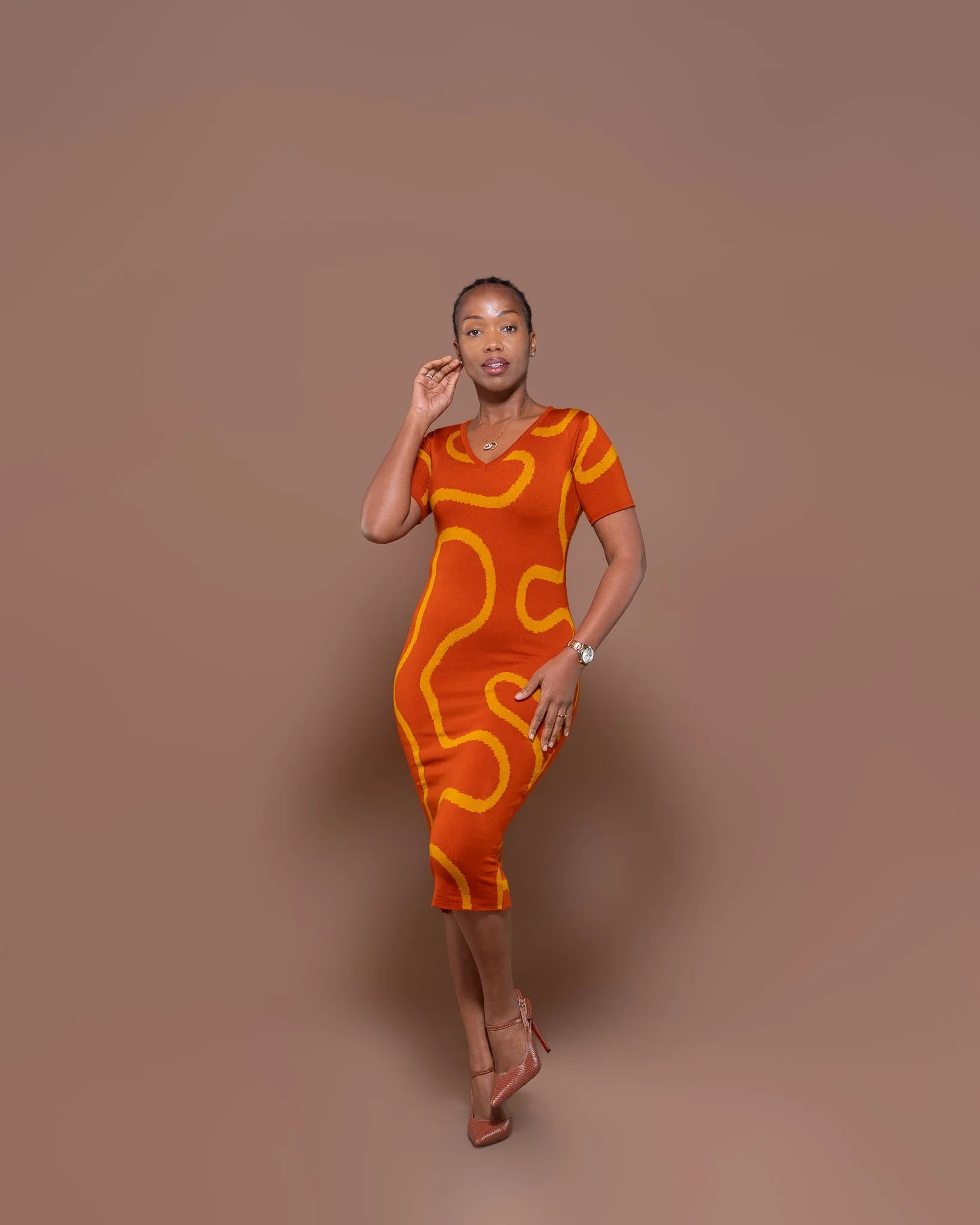 Petra Knit Midi Dress In Burnt Orange/Mustard