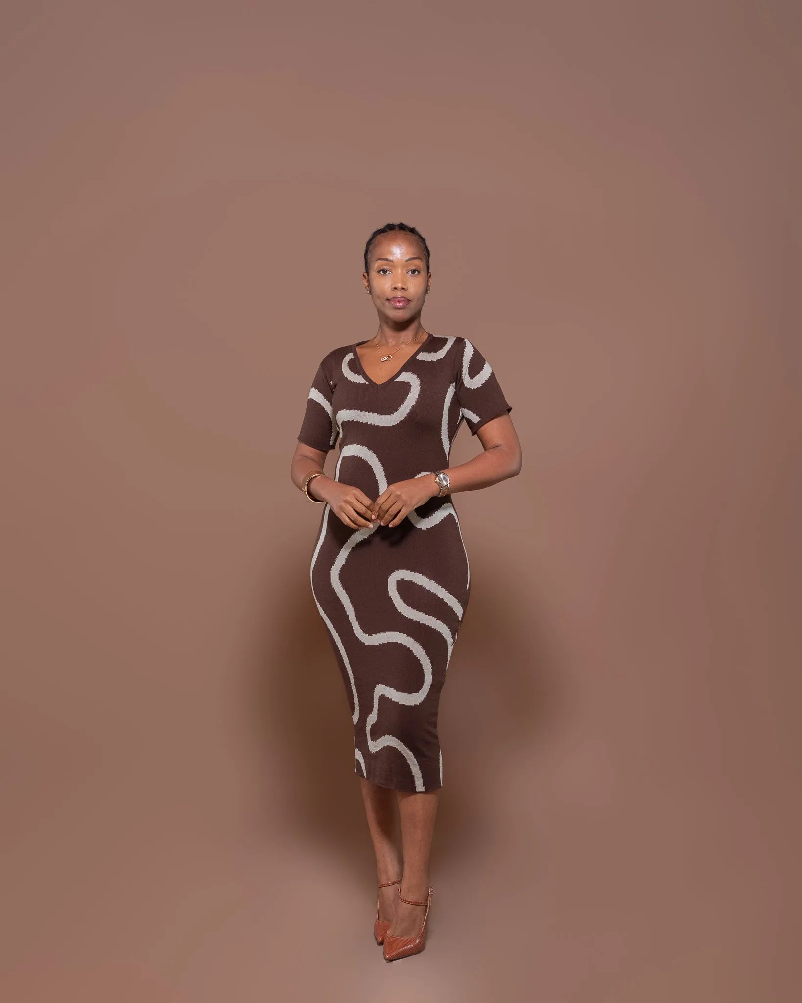 Petra Knit Midi Dress In Chocolate/Ivory