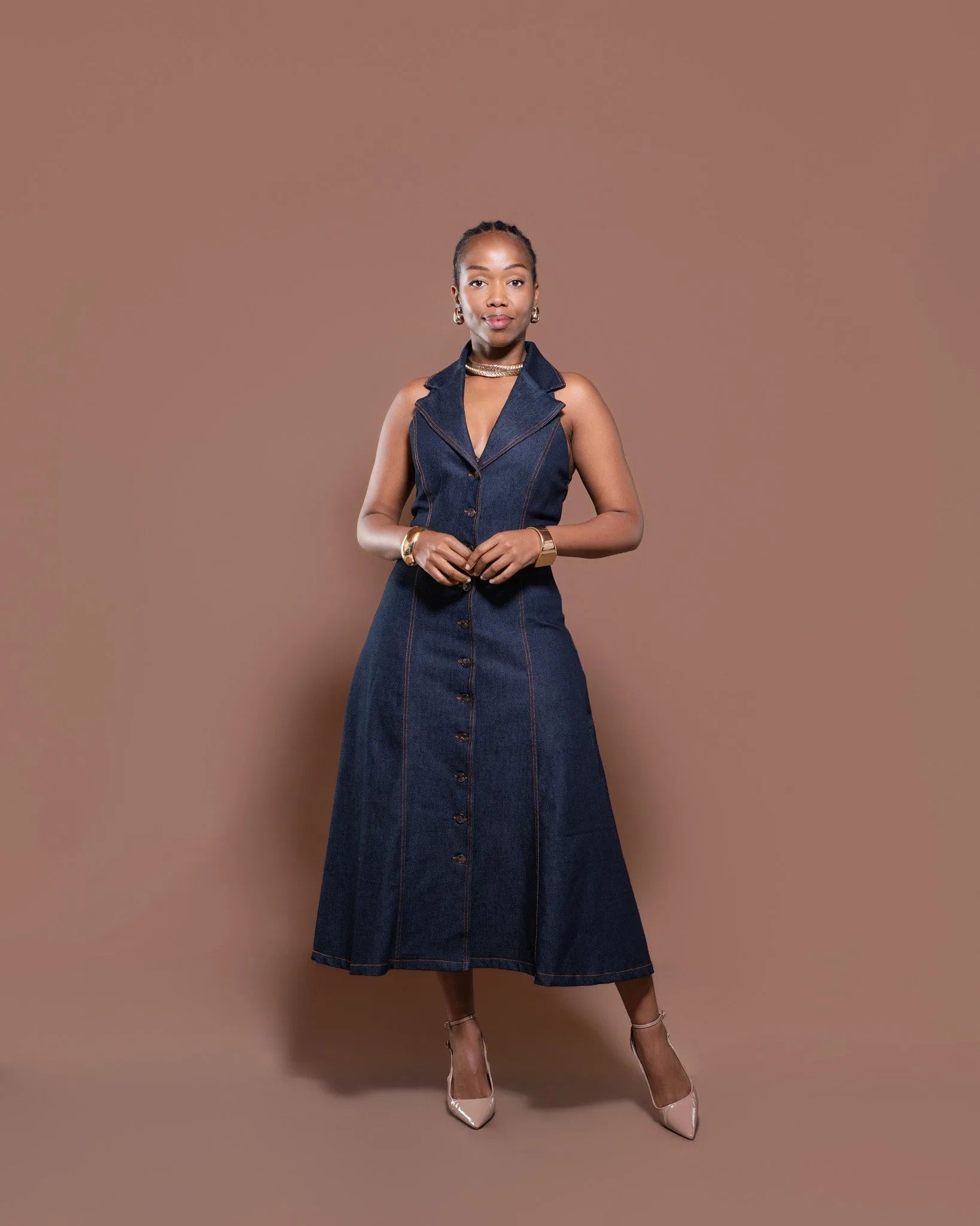 Denim Muse Halter Midi Dress
