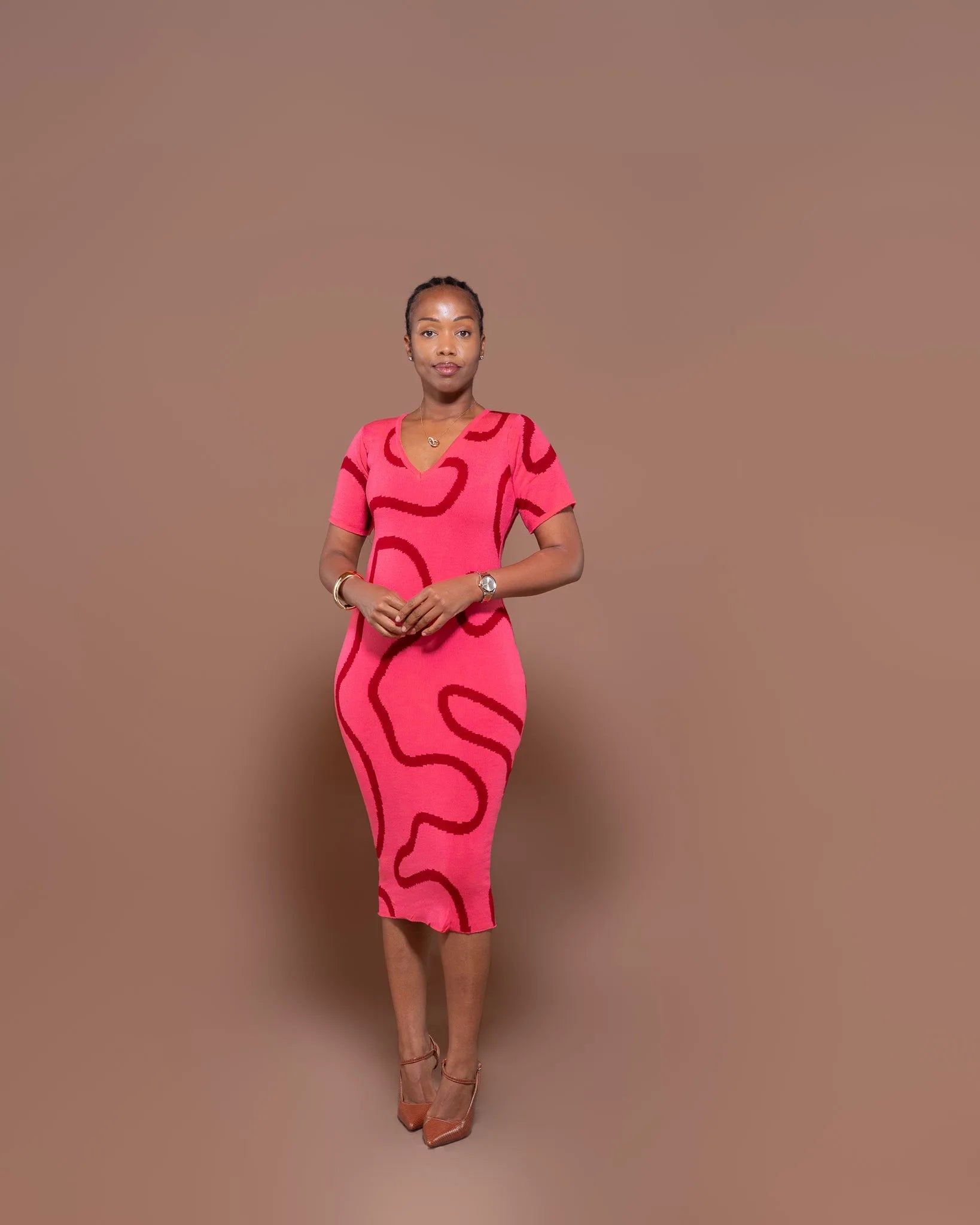 Petra Knit Midi Dress In Pink/Burgundy