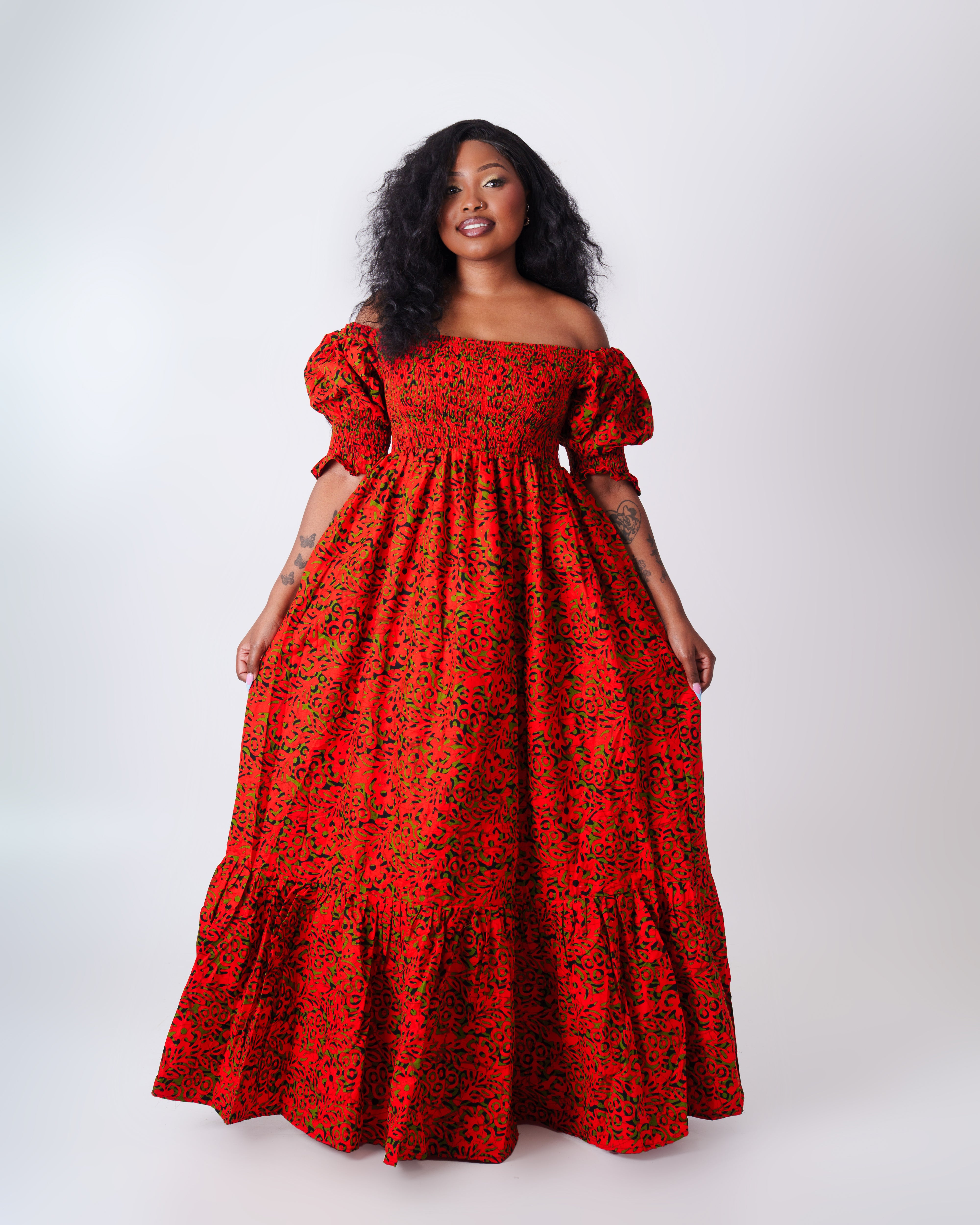 Off-Shoulder Maxi dress-Orange/Green