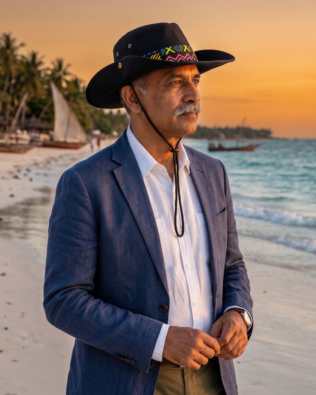 BLACK SAFARI HAT WITH ANKARA DETAIL