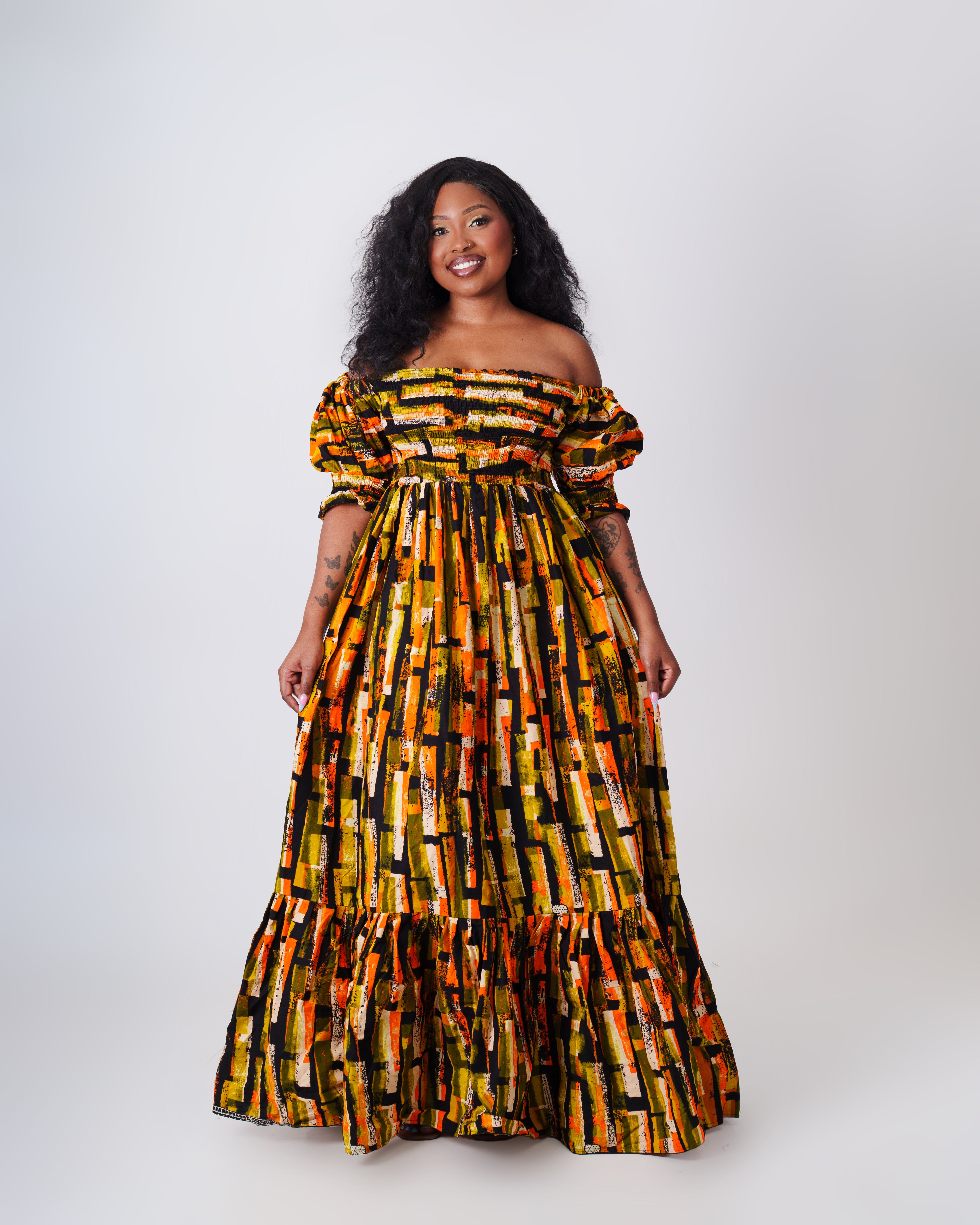 Off-Shoulder Maxi dress-Green/Orange