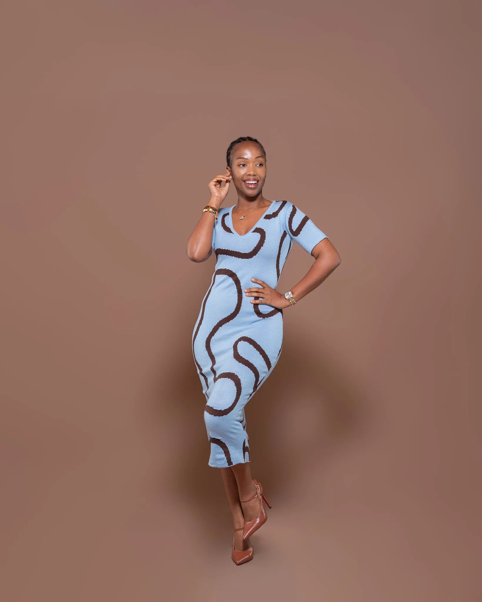 Petra Knit Midi Dress In Sky/Chocolate