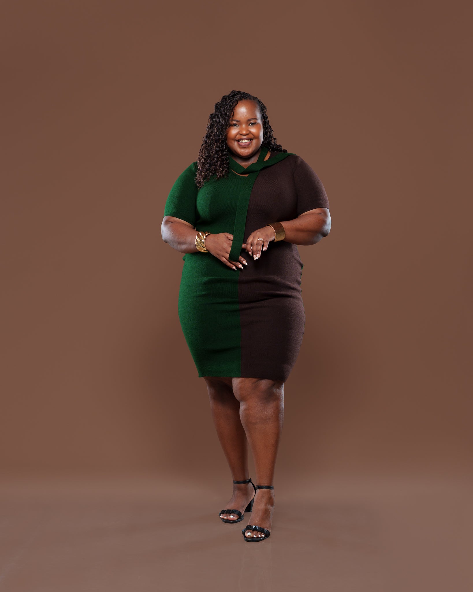 Axis Knit Midi Dress In Emerald/Coffee brown