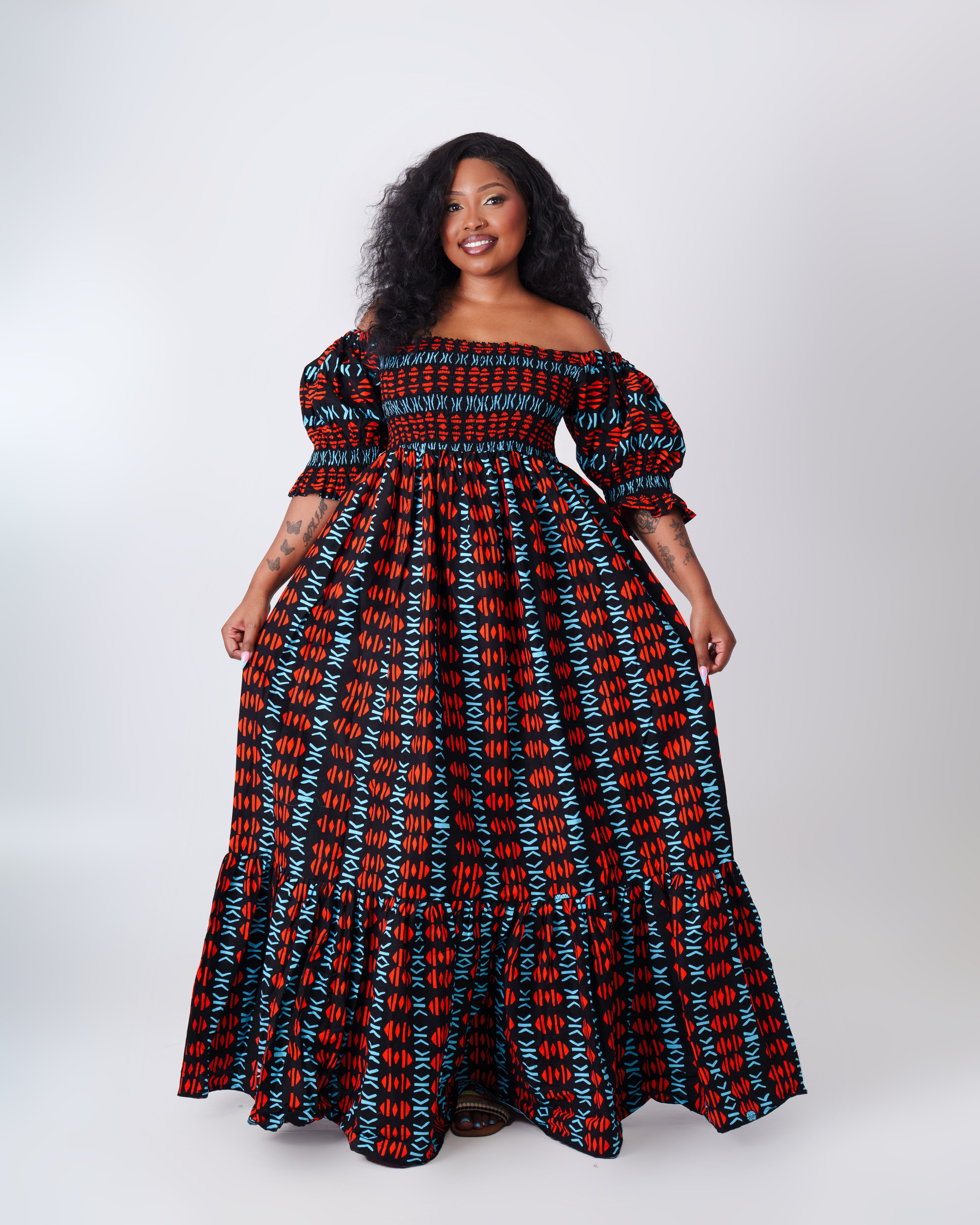 Off-Shoulder Maxi dress-Blue/Red